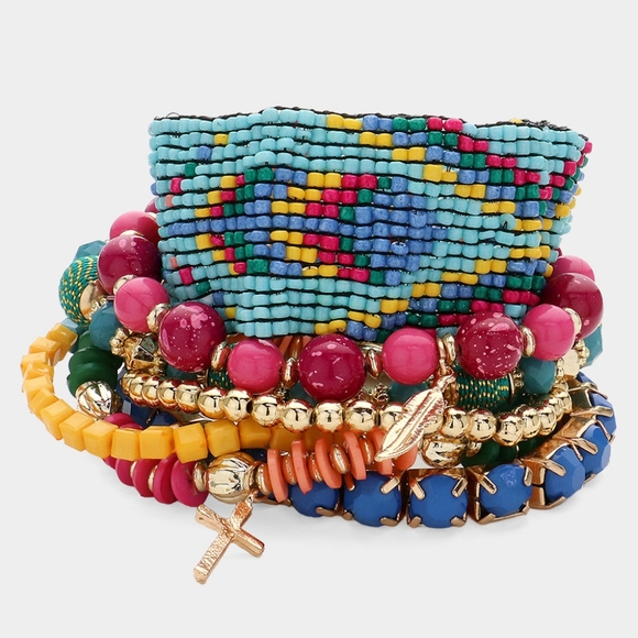 Multicolored Beaded 7 PC Stretch Layered Bracelets 99 - Picture 1 of 2